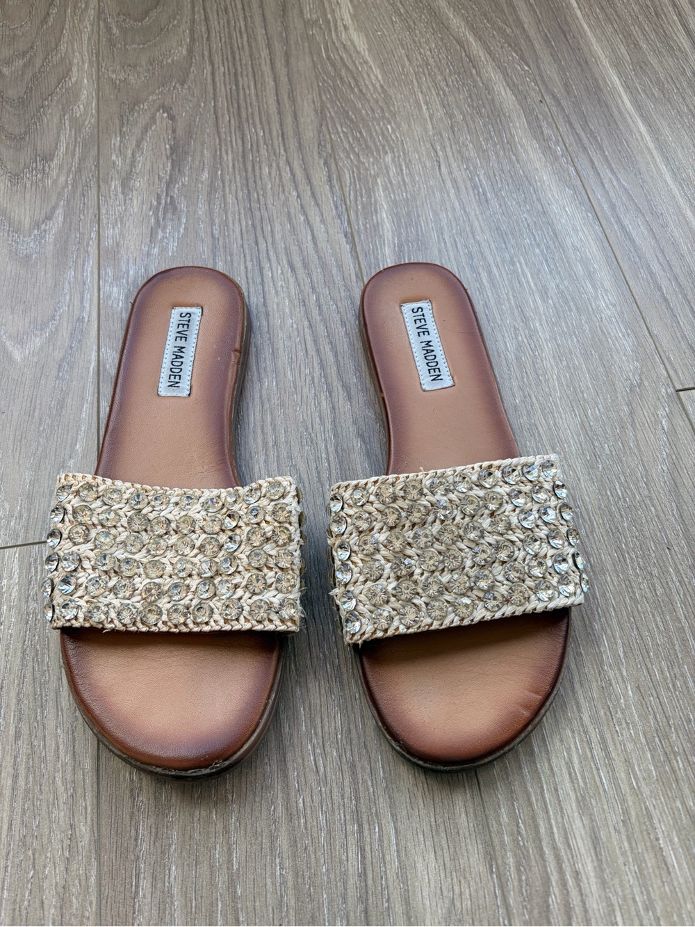 Steve Madden Tan Slides with Gold Braided and Rhinestone Strap